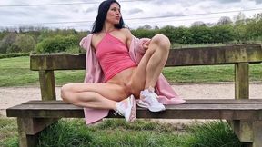Teasing public pee show by naked Nicky Brill