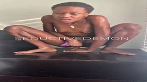 Petite ebony goddess rides her dildo until she squirts