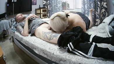 mother-in-law gives blowjob for a portion of hot cum