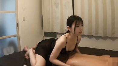 Japanese masseuse gives braless oil massage with nipple teasing and handjob POV