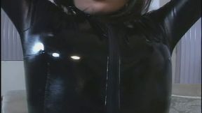 Nasty brunette sucks on cock while getting her butt fucked on the couch