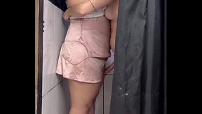 Tanned white girl with big tits fucks client at clothing store in Rio