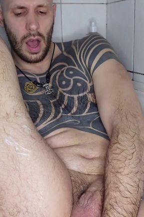 Bald Guy Taking Huge Dildo in the Ass in the Bathroom