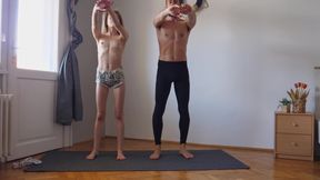 Workout joga exercise together for the first time
