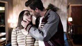 ”Nerdy petite teen interviews popular classmate & rides huge dick”