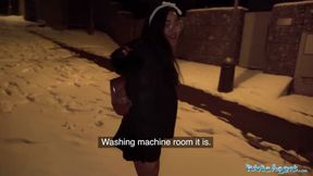 is fucked hard over a washing machine by a huge cock