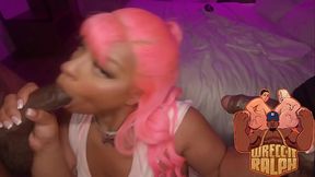 Skinny ebony slut Mollie gets big cock in her ass and DP