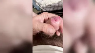 Twink with split dick masturbates big cock in bathroom close up