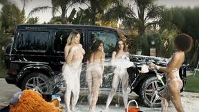 ”Large tits MOMMY & sexy Latina washing car with their sexy friends in lingerie”
