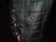 Outdoor jerking and cumshot with winter shiny jacket