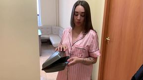 Brunette tattooed cutie sucking my hard dick