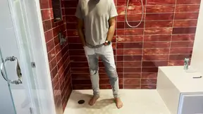 Barefoot in Jeans Pissing Myself and Showing Dick and Ball