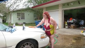 Car wash in and out of my iron man bikini set part 2 flashing