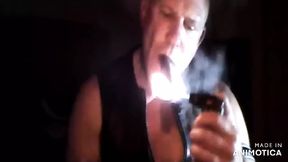 Smoking big cigar in Leather