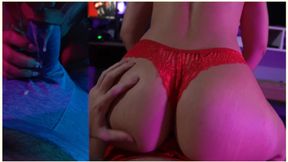 Blonde girl in sexy panties gives clothed suck and lapdance