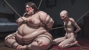 Massive BBW & Tiny Skinny Girl Bound Together in Rope Bondage