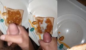 Gay twink stuffs thick cum straight in soft bread and fucking eats his own load