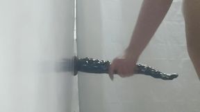 Whore in the mood for an anal uses giant dildo