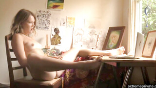 Spying on stepsister rubbing her shaved slit