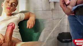 the guy takes a selfie as plentifully long pissing in the toilet