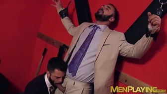 Classy businessmen in suits enjoy bondage and hard anal