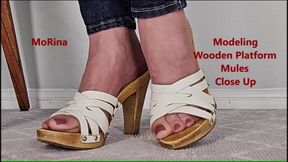 Modeling Wooden Platform Mules Close Up - MoRina shoe fetish nylon foot fetish tease