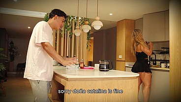 Young guy with a big dick seduces and fucks his blonde Latina stepmom in the kitchen, then cums all over her face! FULL VIDEO