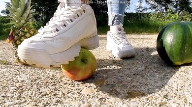 Kati stomps sweet peaches till they squirt
