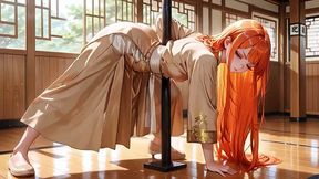 Orange-haired geisha girl gets wet in sun-drenched room