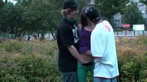 Public Threesome with Gorgeous Blonde Teen Girl and Two Guys