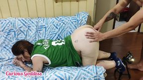 curious goddess - hot pregnant woman in celtics t-shirt without panties sucking dick giving hairy pussy fucking her big ass handjob licking cum part 1