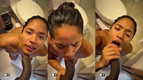 blowjob pov in bathroom while our guests are in the living room waiting for us