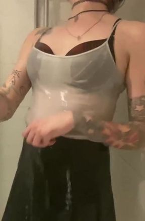 Trans girl pee piss desperation and showering in clothes