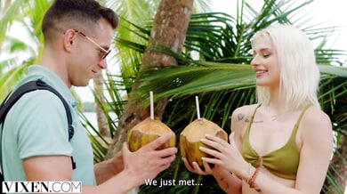 Petite blonde Christy rides and swaps partners in a steamy tropical threesome