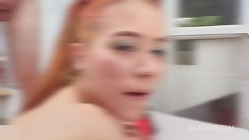 Young redhead slut Little Chloe enjoys her first 6-on-1 gangbang with DP