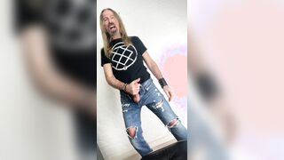 Longhairdude masturbates and shoots in torns denim, Fresh Rock biker footwear, tshirt