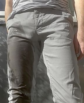 Jules Wets His Grey Pants and Exposes His Semi-hard Cock Through His Trousers