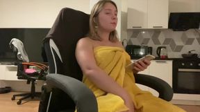 The bitch decided to jerk off &mdash;  but the guy came home and licked pussy in her clothes