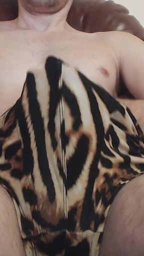 Hot Man Jerks off His Big Cock in Sexy Briefs with Ocelot Print, He Is Pulls It Out Dick and Ejaculates Thick Sperm