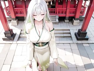 Silver-haired Shrine Maiden Secrets! Languidly Reclining in a Red Corridor, Her Nude Shoulders and Lush Hips Naked