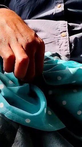 80 Satin Handjob - Dick Head Rub and Cum on Satin Silky Sky Blue Dot Print Suit of Neighbour Anti