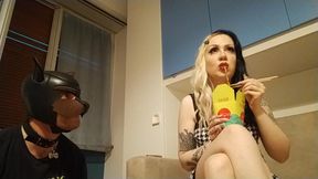 Eating the dinner with my pet - dog mask - slave training - gaining weight - FFA - fat admirer - goth girl - submissive male training - humiliation