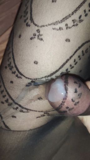 Huge Cock Is Cuming in Patterned Black Pantyhose