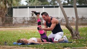 Handsome fitness instructor gives a massage and fucks awesome hottie Kara Faux