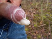 Edging with condom = creamy precum , two horny cumshots + foamy cum mess