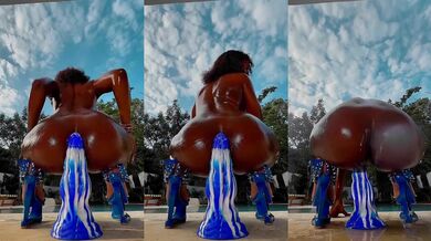 Big blue dildo riding and squirting outside in public cowgirl