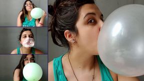 Green balloons and pink Bubblegum Close up blow - Bunny Looner