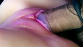 Juicy pussy close-up absorbs a portion of sperm from a big cock and slurps!