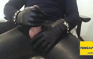 Skintight leather pants and gloves masturbation