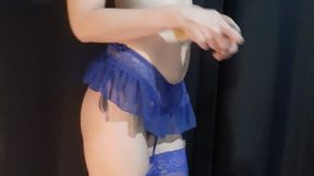 Bitch redhead smoking in hot lingerie with garter belt blue tights